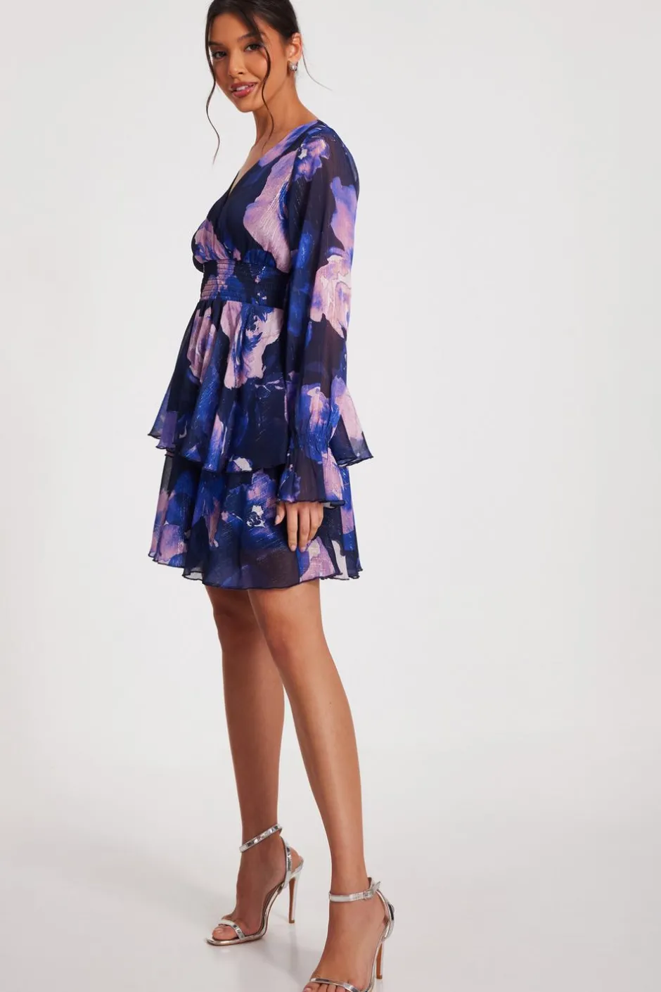 Quiz Navy Floral Tiered Skater Dress New