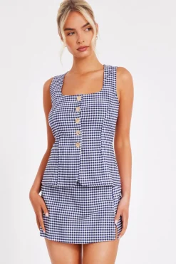 Quiz Navy Gingham Button Front Waistcoat Sale