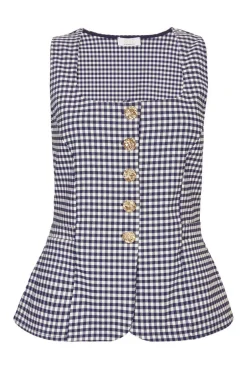 Quiz Navy Gingham Button Front Waistcoat Sale