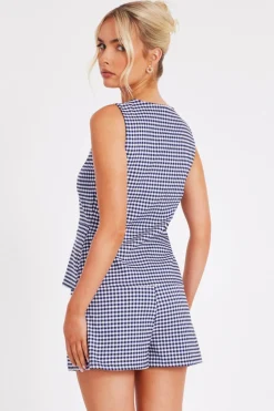 Quiz Navy Gingham Button Front Waistcoat Sale