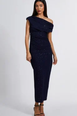 Quiz Navy Glitter Asymmetric Midaxi Dress Hot