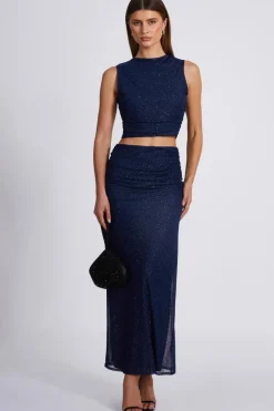 Quiz Glitter Mesh Crop Top Navy Hot