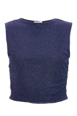 Quiz Glitter Mesh Crop Top Navy Hot