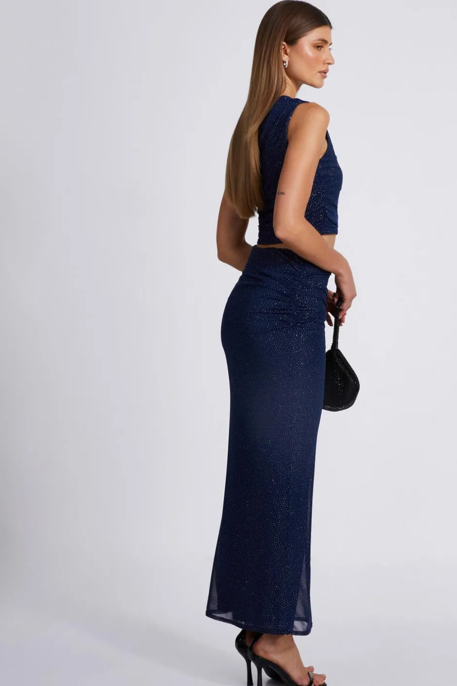 Quiz Glitter Mesh Crop Top Navy Hot