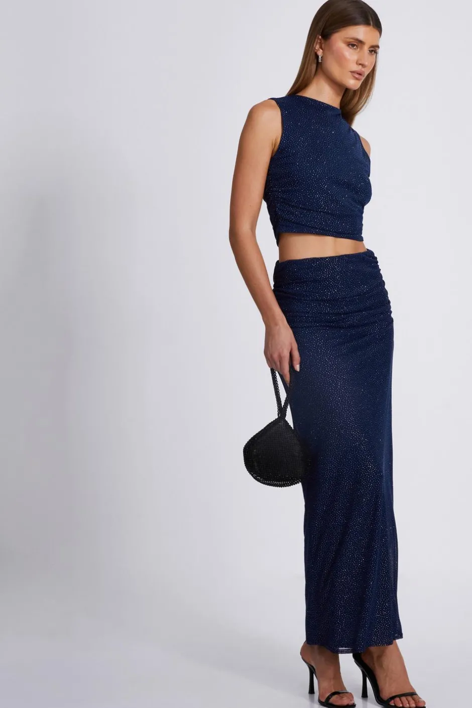 Quiz Glitter Mesh Crop Top Navy Hot