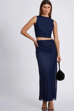Quiz Glitter Mesh Midaxi Skirt Navy New