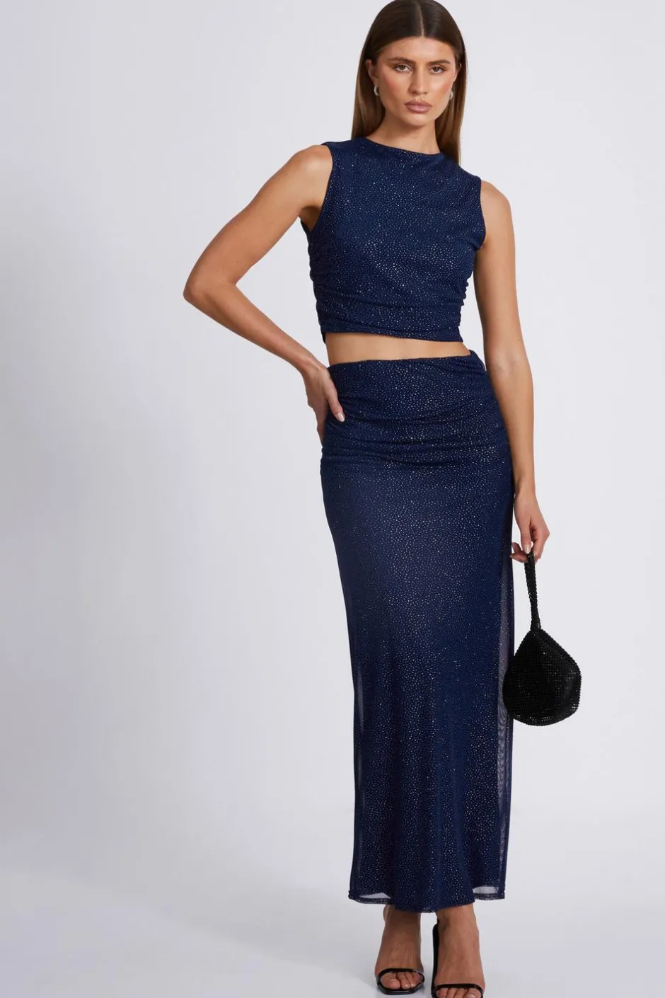 Quiz Glitter Mesh Midaxi Skirt Navy New
