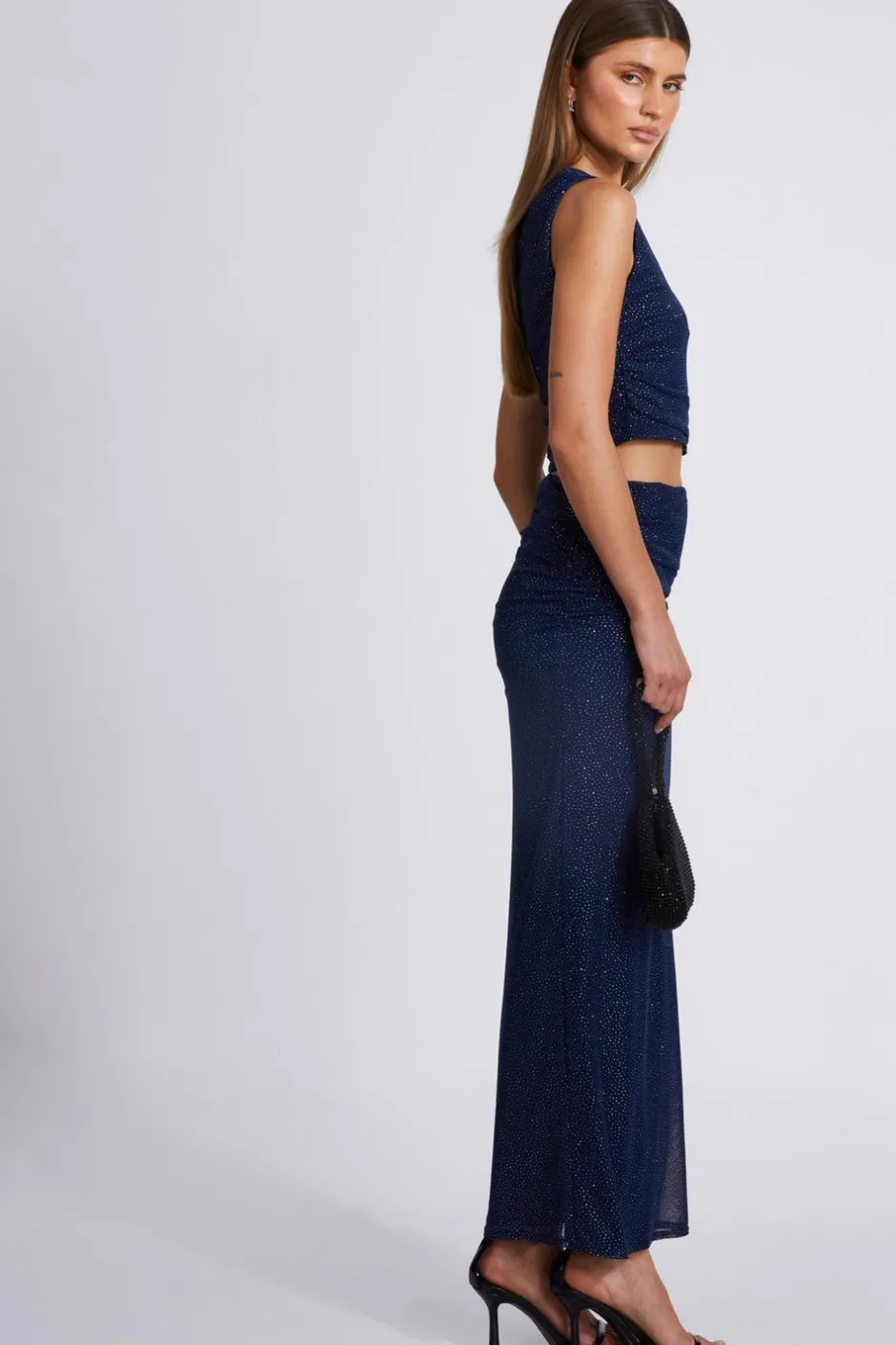 Quiz Glitter Mesh Midaxi Skirt Navy New