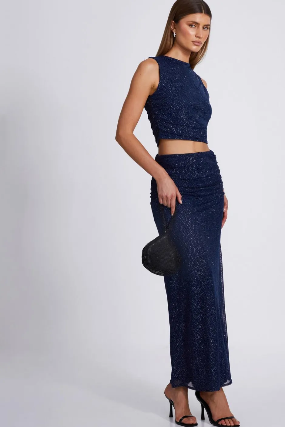 Quiz Glitter Mesh Midaxi Skirt Navy New