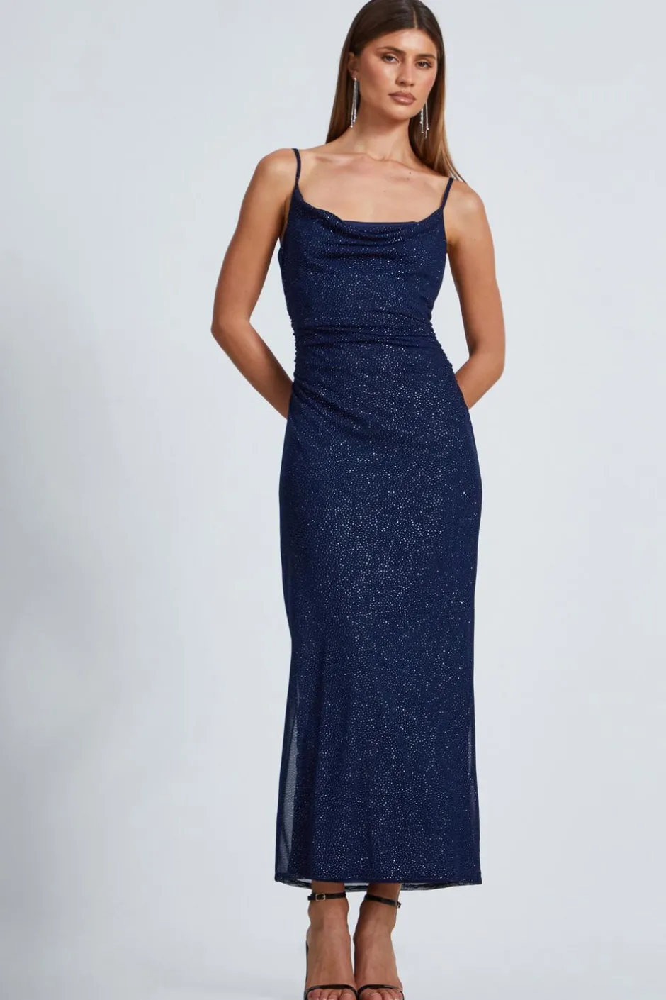 Quiz Glitter Mesh Midaxi Dress Navy Clearance