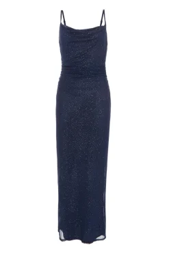 Quiz Glitter Mesh Midaxi Dress Navy Clearance