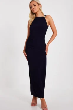 Quiz Gold Buckle Midaxi Dress Navy Clearance