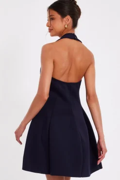 Quiz Halter Neck Skater Dress Navy Sale