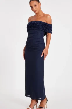Quiz Mesh Bardot Midaxi Dress Navy