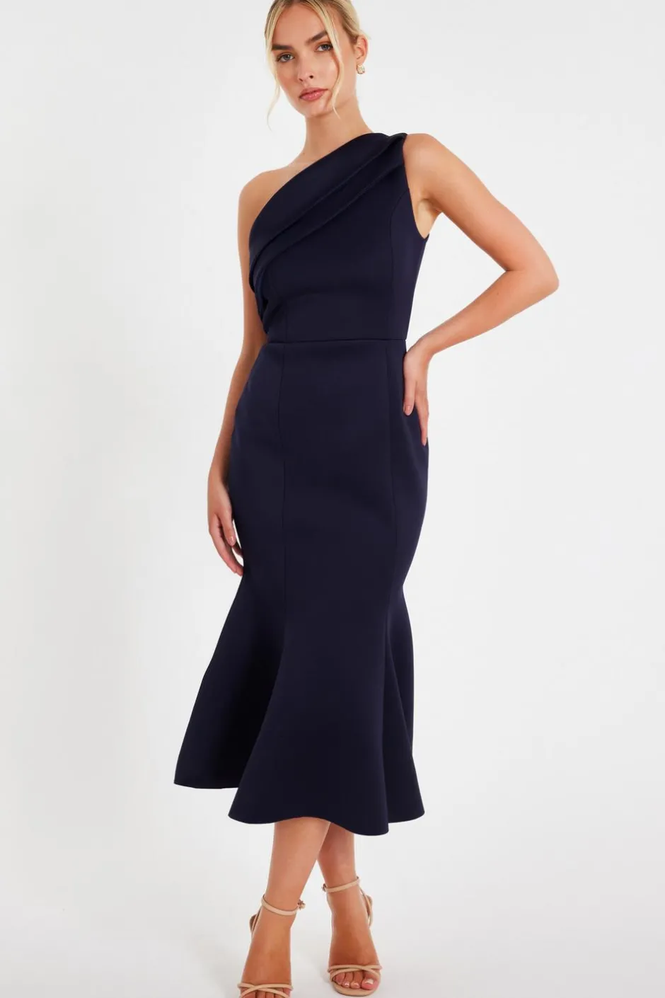 Quiz Navy One Shoulder Peplum Dress Sale