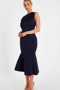 Quiz Navy One Shoulder Peplum Dress Sale