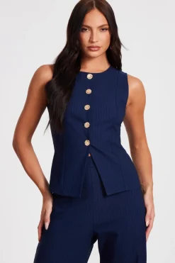 Quiz Navy Pinstripe Button Front Waistcoat Sale