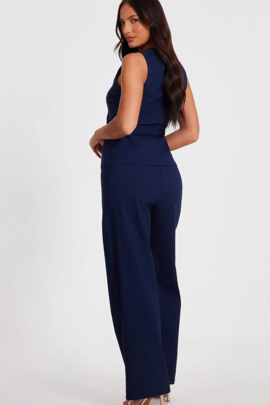 Quiz Navy Pinstripe Wide Leg Trousers Clearance