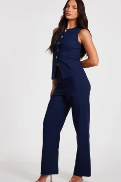 Quiz Navy Pinstripe Wide Leg Trousers Clearance