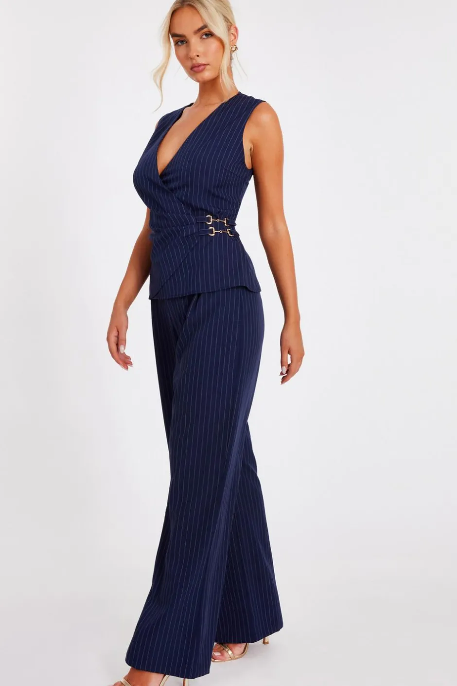Quiz Navy Pinstripe Wide Leg Trousers Best