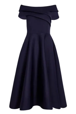 Quiz Pleated Bardot Midi Dress Navy Clearance