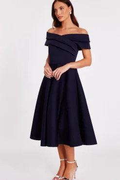 Quiz Pleated Bardot Midi Dress Navy Clearance