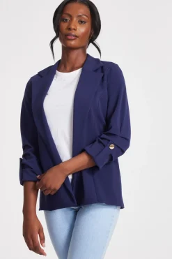 Quiz Ruched Sleeve Blazer Navy Online