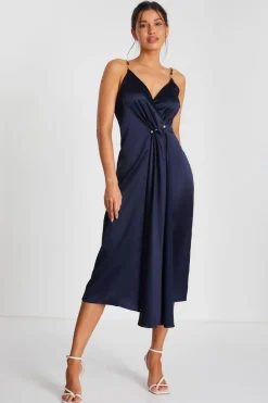 Quiz Navy Satin Buckle Front Midi Dress Best