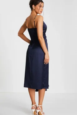 Quiz Navy Satin Buckle Front Midi Dress Best