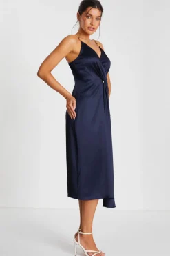 Quiz Navy Satin Buckle Front Midi Dress Best