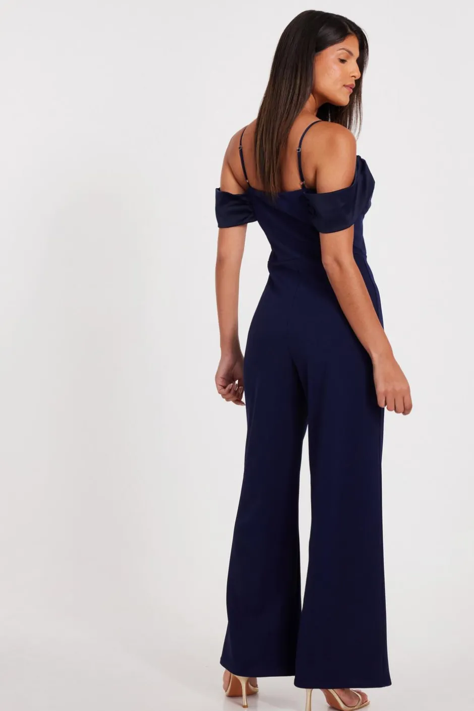 Quiz Navy Satin Cold Shoulder Jumpsuit Outlet