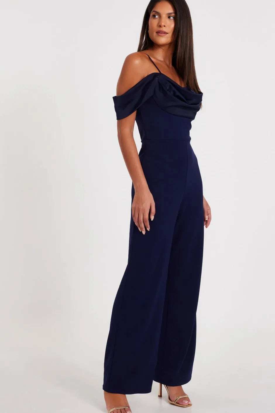 Quiz Navy Satin Cold Shoulder Jumpsuit Outlet