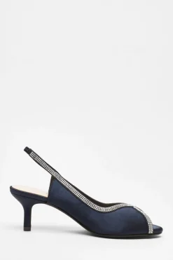 Quiz Satin Diamante Low Heeled Slingback Heels Navy Best