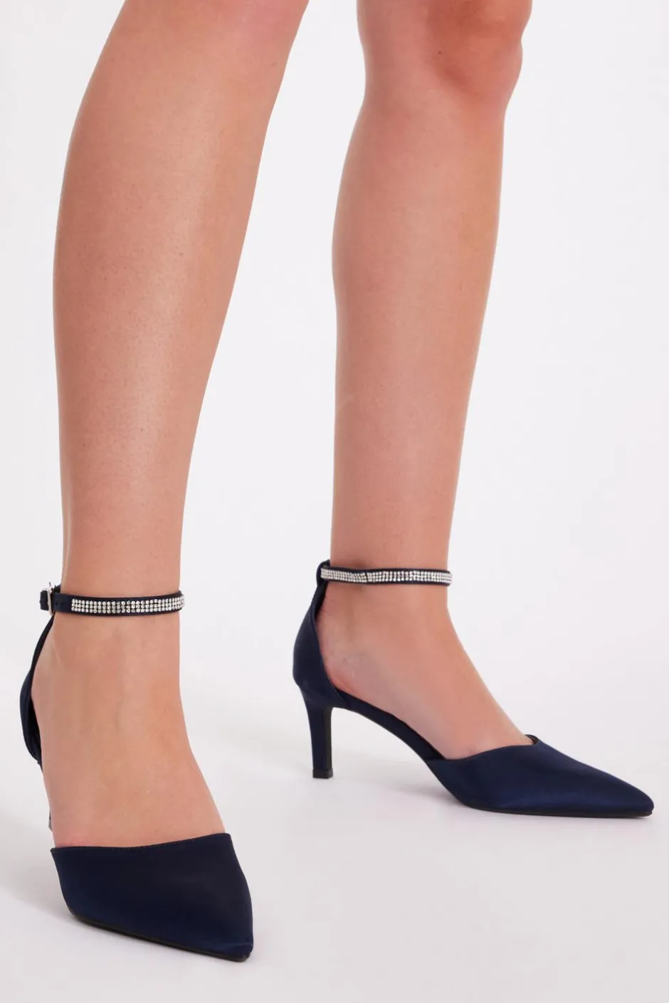 Quiz Satin Diamante Strap Court Heels Navy Outlet