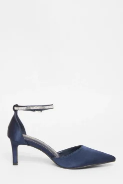 Quiz Satin Diamante Strap Court Heels Navy Outlet