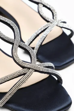 Quiz Satin Diamante T-Strap Flat Sandals Navy Best