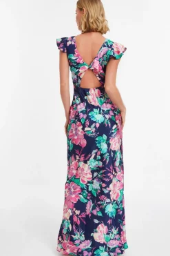 Quiz Navy Satin Floral Maxi Dress