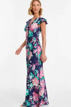 Quiz Navy Satin Floral Maxi Dress