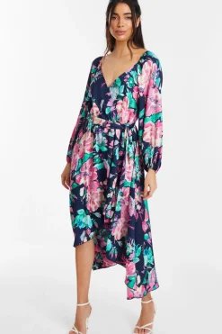 Quiz Navy Satin Floral Wrap Dip Hem Midi Dress Clearance