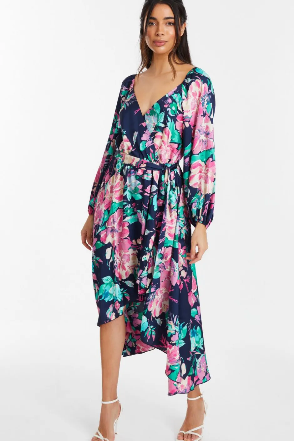 Quiz Navy Satin Floral Wrap Dip Hem Midi Dress Clearance