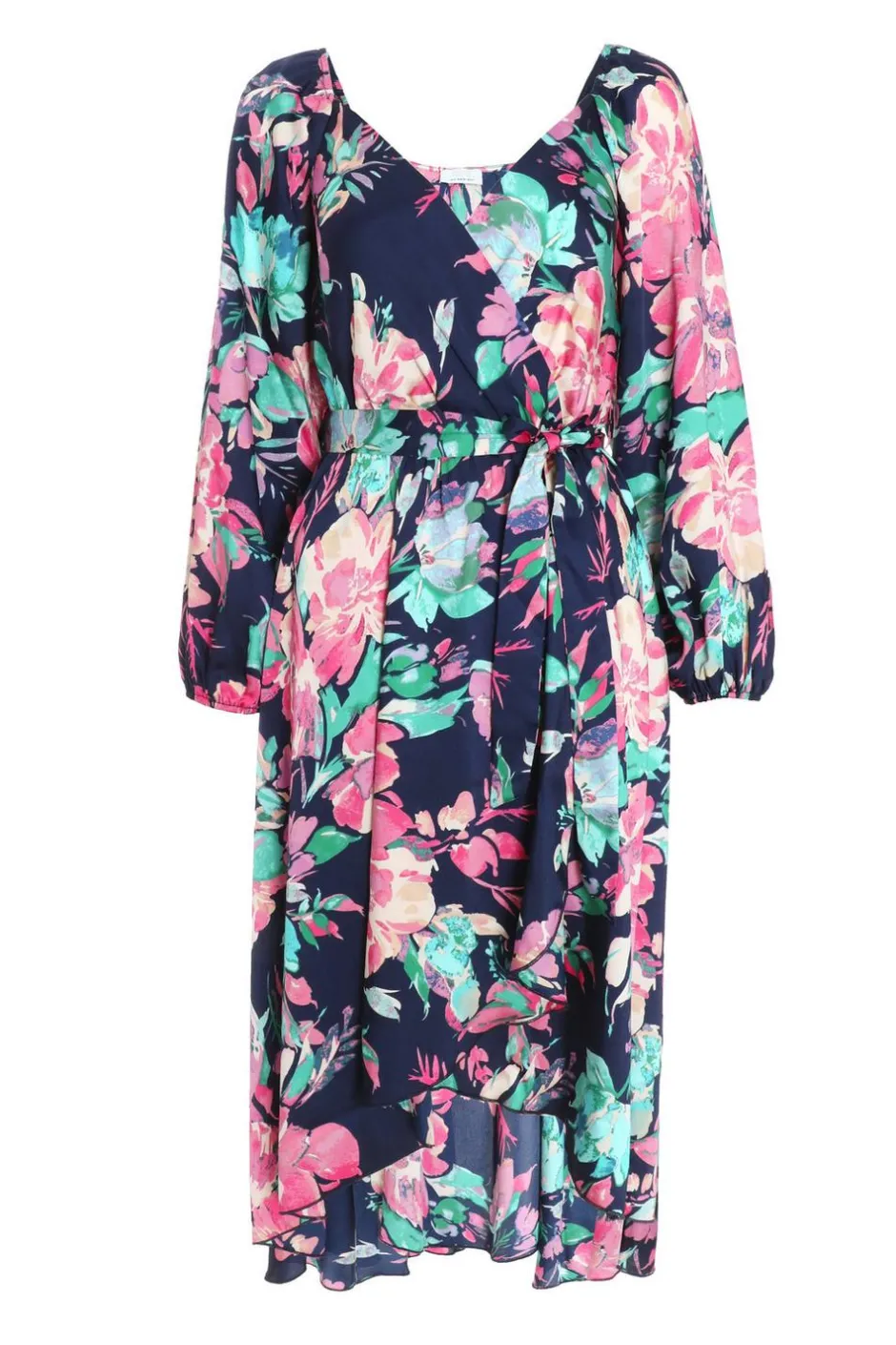 Quiz Navy Satin Floral Wrap Dip Hem Midi Dress Clearance