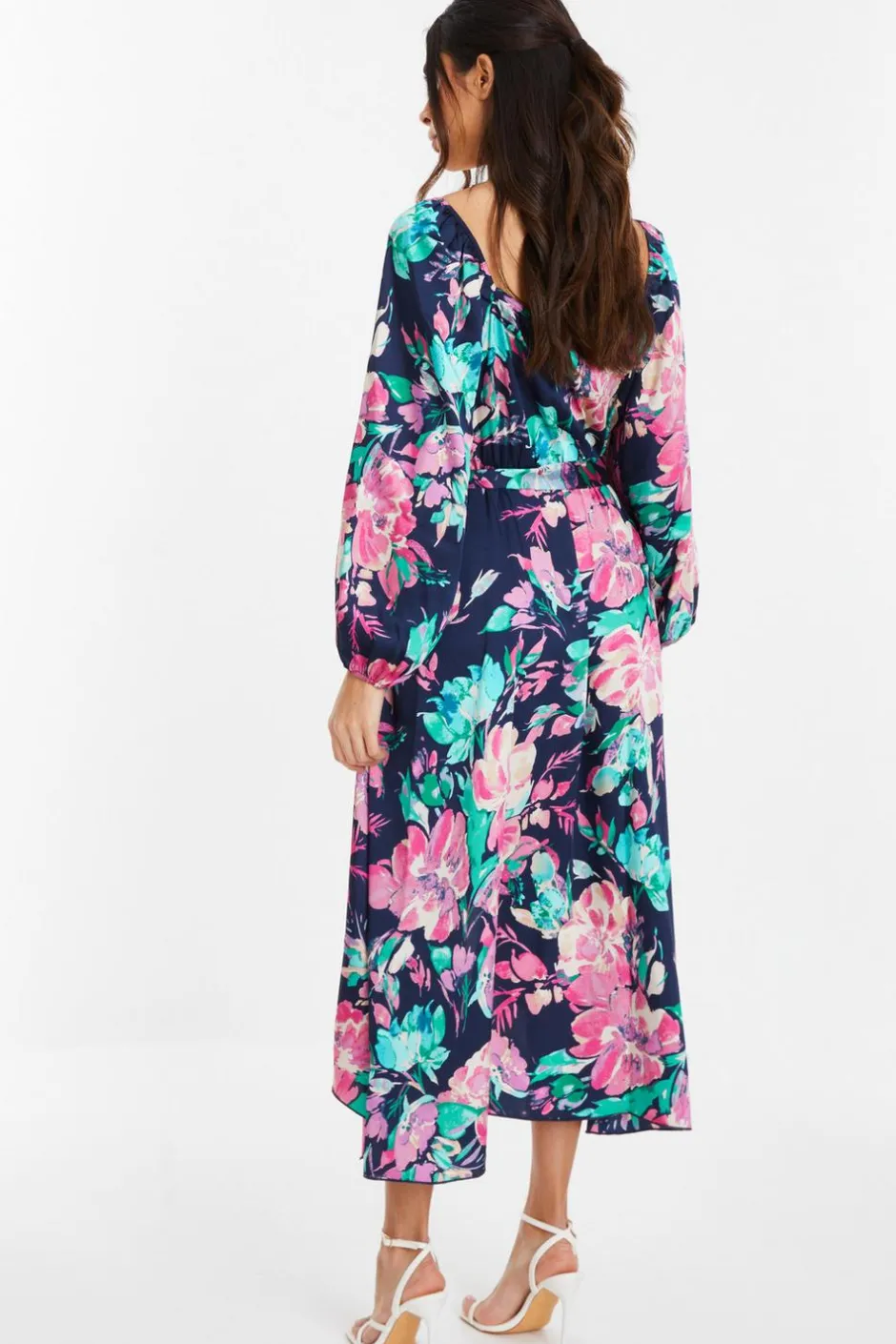 Quiz Navy Satin Floral Wrap Dip Hem Midi Dress Clearance