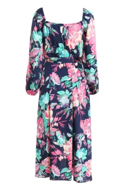 Quiz Navy Satin Floral Wrap Dip Hem Midi Dress Clearance