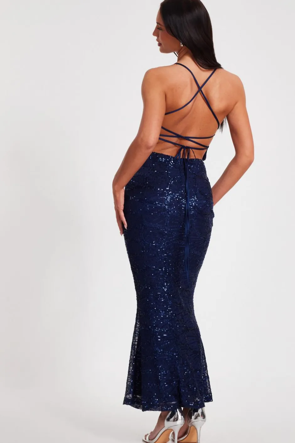 Quiz Navy Sequin Fishtail Maxi Dress Outlet