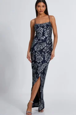Quiz Navy Sequin Floral Maxi Dress Hot