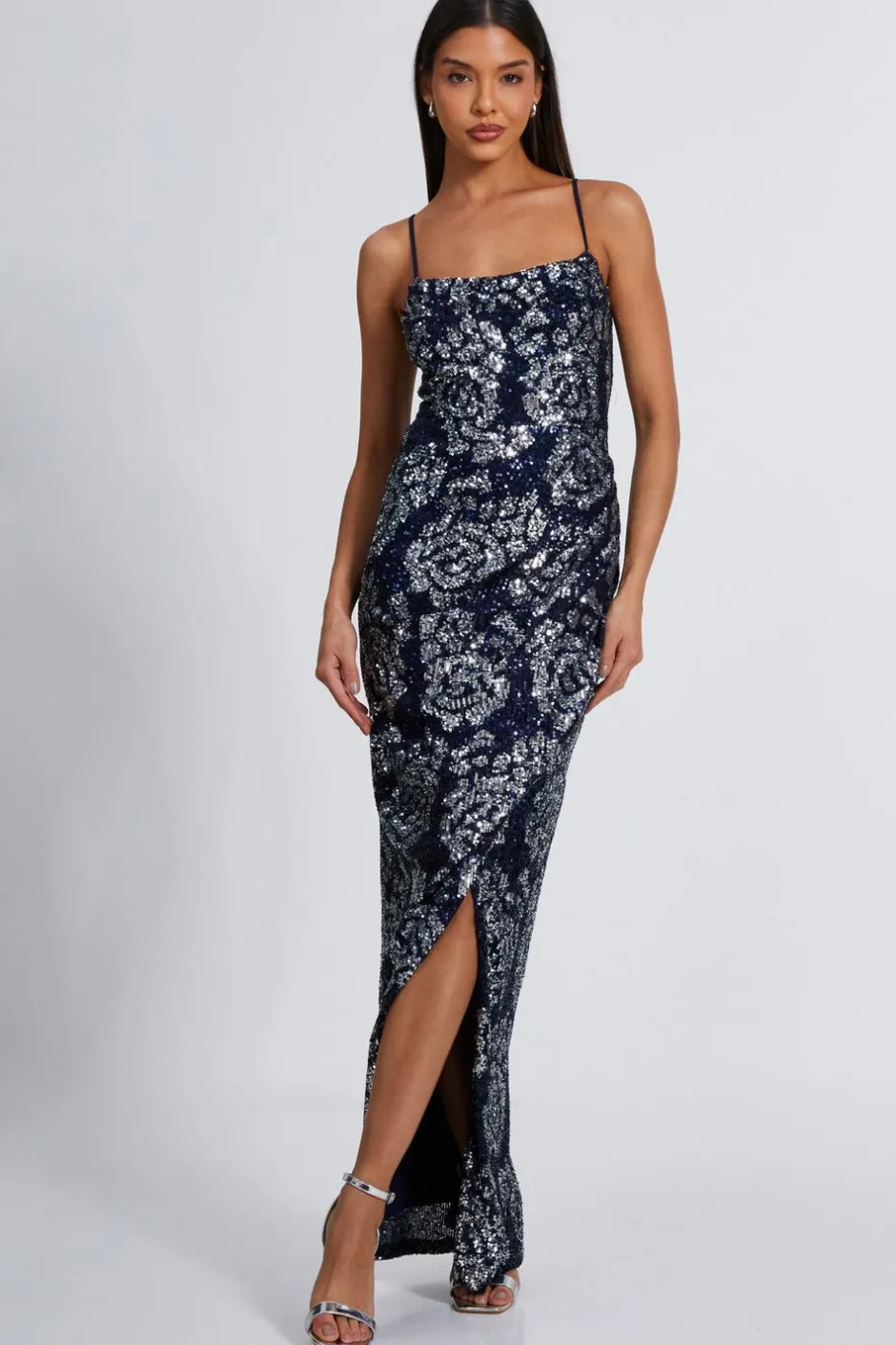 Quiz Navy Sequin Floral Maxi Dress Hot
