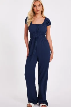 Quiz Navy Textured Puff Sleeve Jumpsuit Online