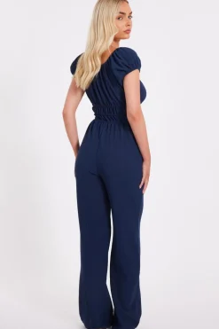 Quiz Navy Textured Puff Sleeve Jumpsuit Online