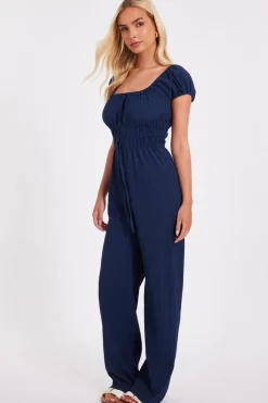 Quiz Navy Textured Puff Sleeve Jumpsuit Online