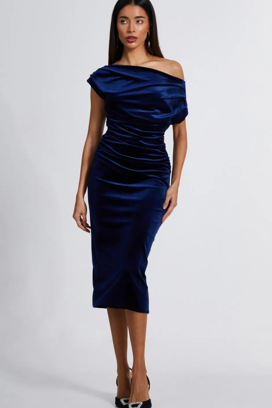 Quiz Navy Velvet One Shoulder Midaxi Dress Hot